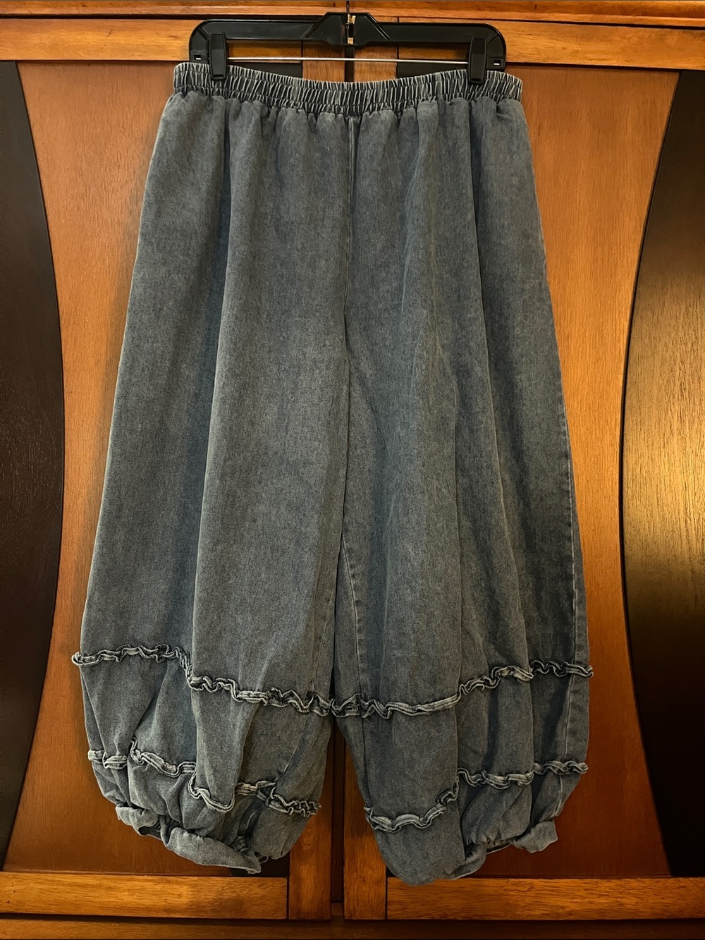 Easel Washed Blue Denim Cropped Harem Pants w/Double Ruffle at Hem-Pockets